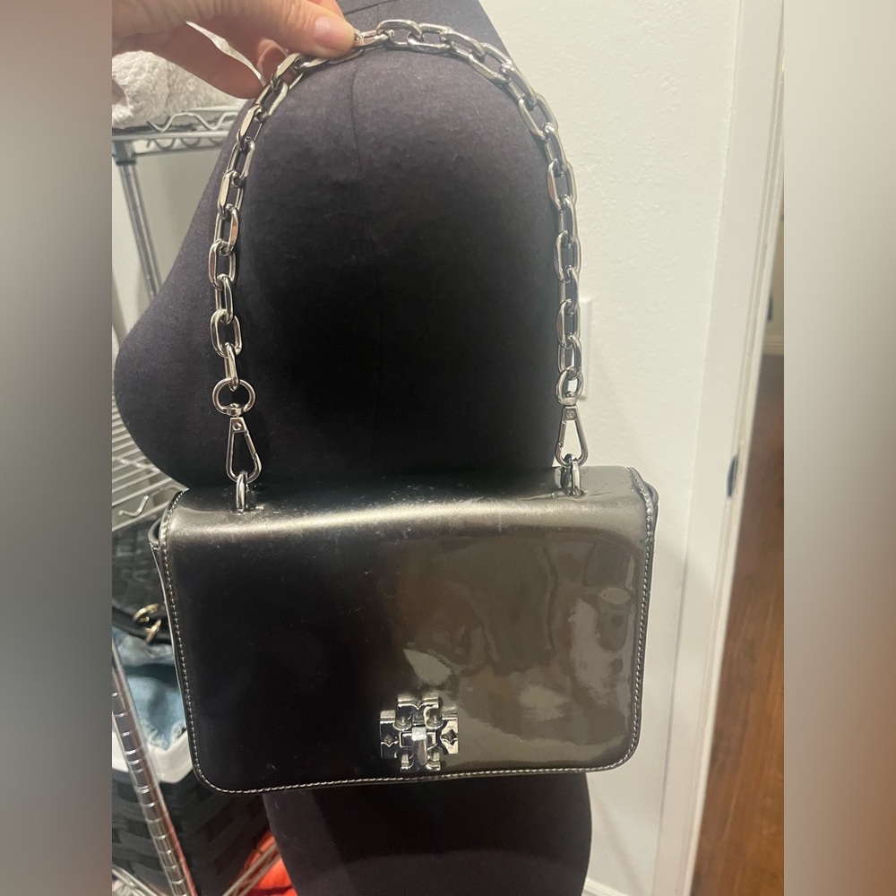 Tory Burch dark silver Metallic Patent Leather Shoulder Bag